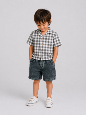 Ensemble 3 Pièces Garçon à Carreaux avec Short Denim & Bob