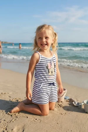 Combishort Minnie Rayé Blanc & Bleu Marine - Bébé Fille