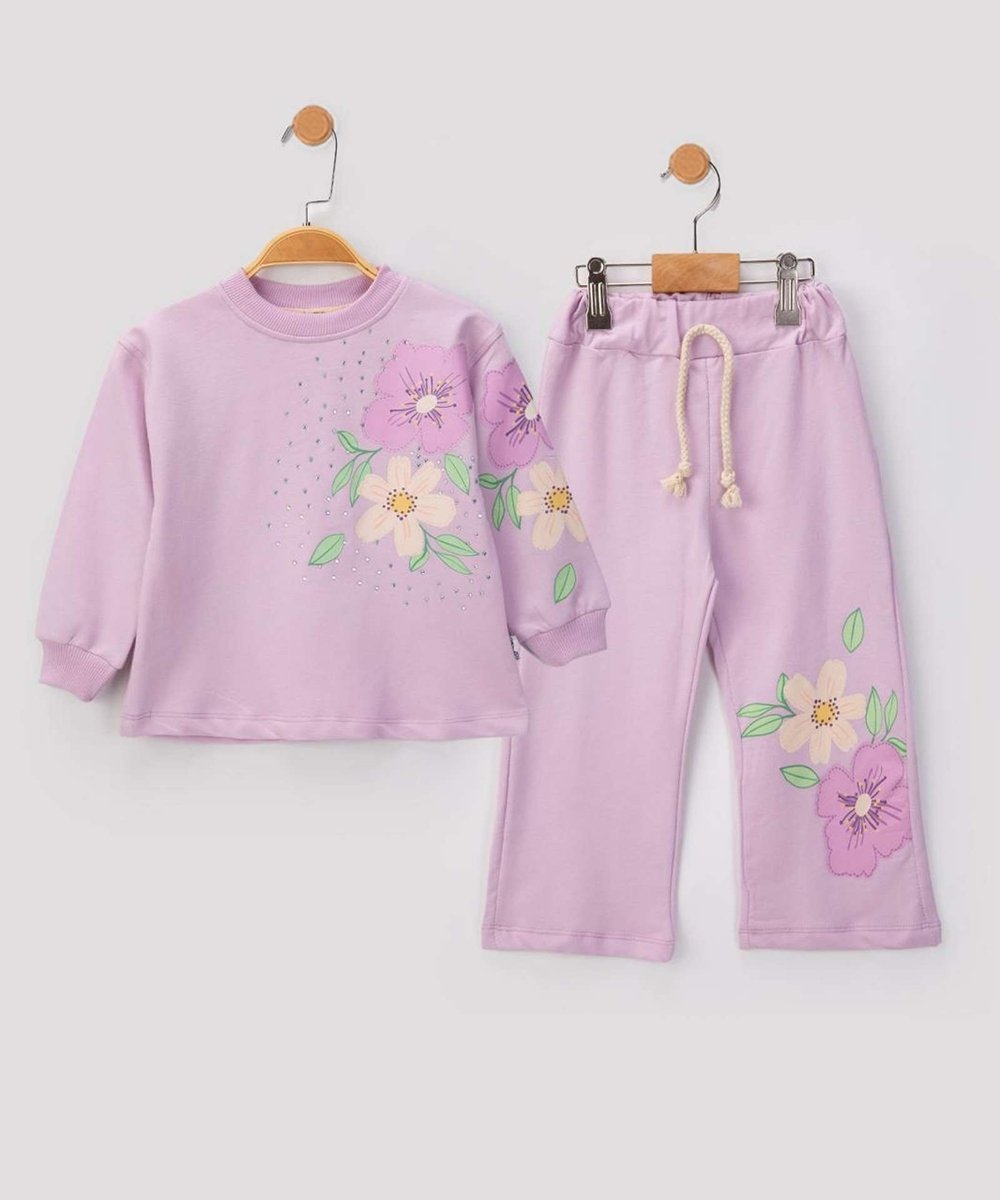 Ensemble Fille violet Sweatshirt Fleuri & Pantalon Large – Image 2