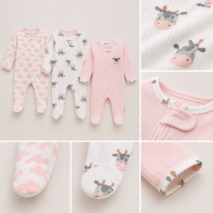 Lot de 3 Grenouillères Bébé Fille – Motifs Nuages & Vaches