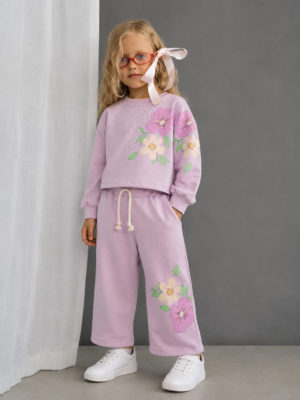 Ensemble Fille violet Sweatshirt Fleuri & Pantalon Large