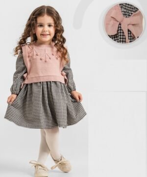 Robe fille à carreaux et gilet en maille