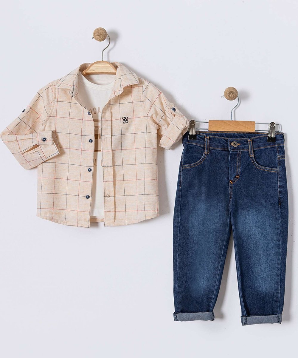 Ensemble Garçon 3 pièces Chemise à Carreaux, t-shirt et Jean