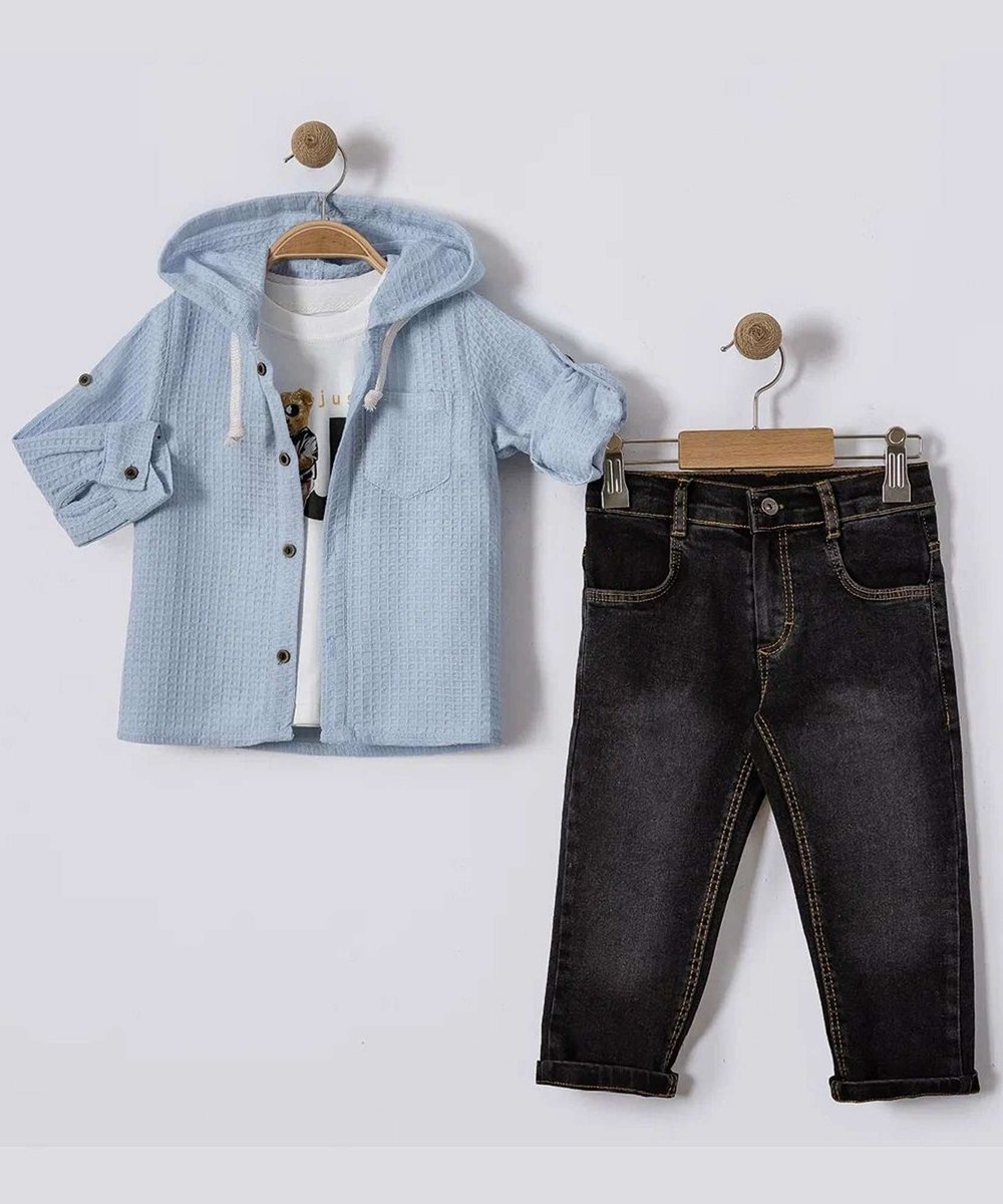 Ensemble Bébé Garçon avec Surchemise à Capuche Bleu Ciel