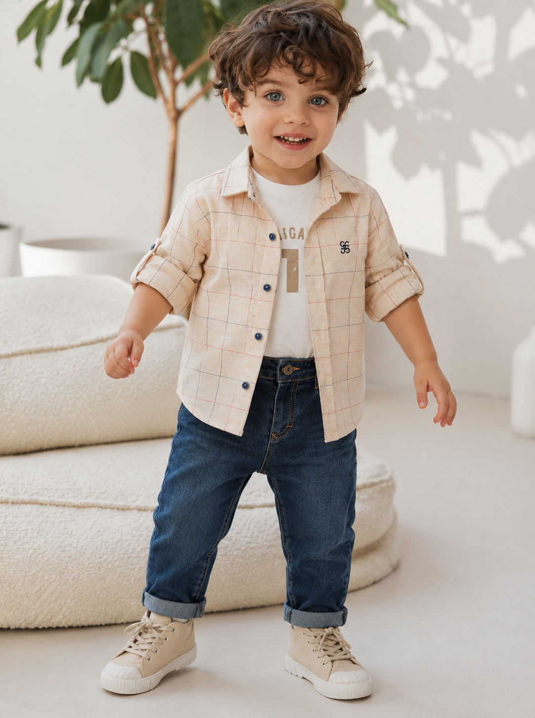 Ensemble Garçon 3 pièces Chemise à Carreaux, t-shirt et Jean – Image 2