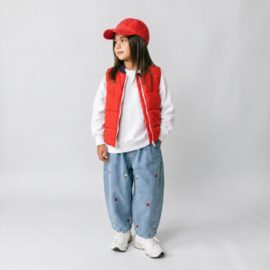 Ensemble fille gilet matelassé double face et jean fraises