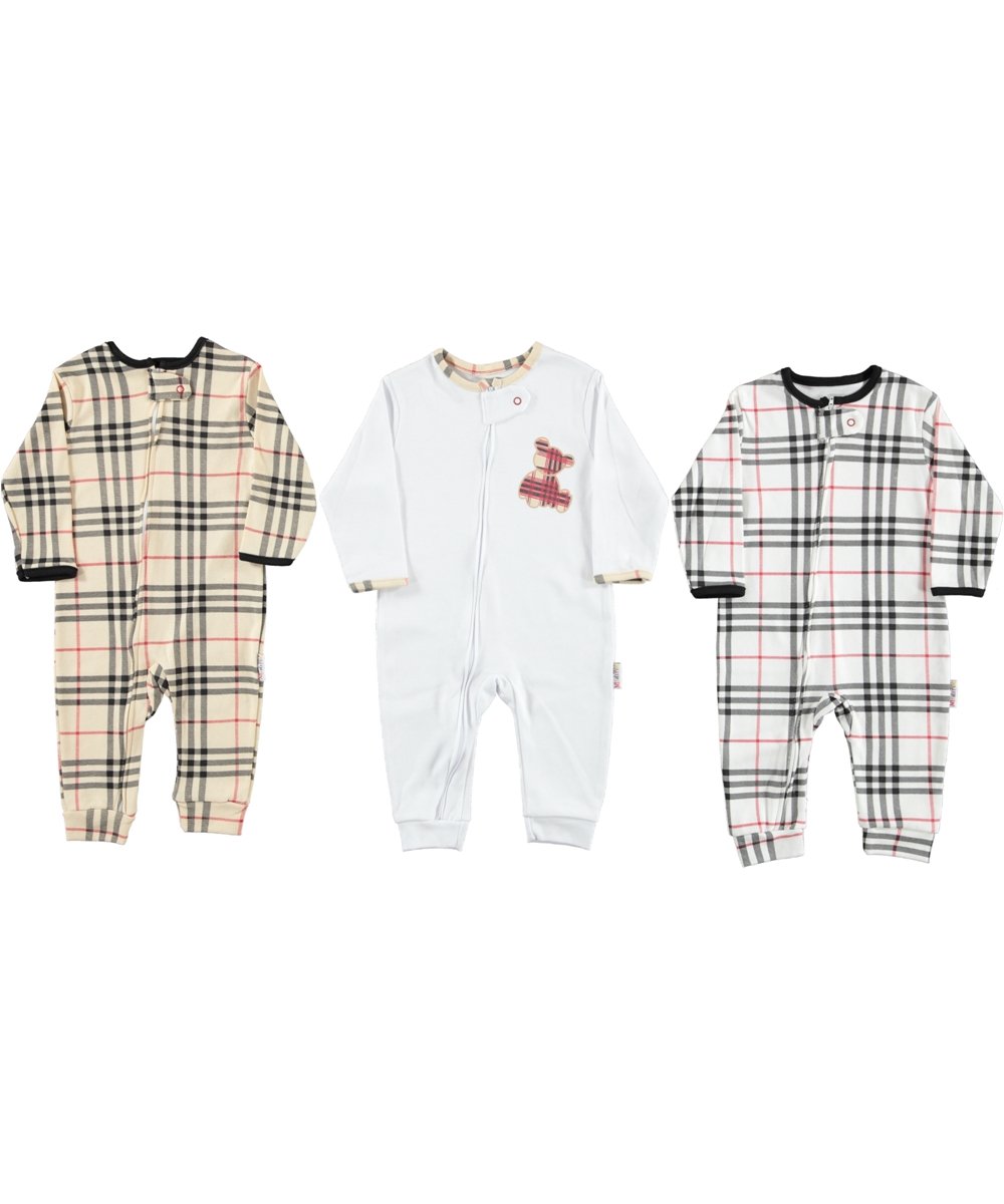 description Lot de 3 Grenouillères Bébé – Motifs Carreaux & Petit Ours 🧸 – Image 2