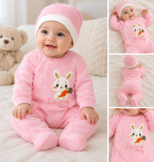 Grenouillère Bébé Fille avec Bonnet – Rose avec Motif Lapin