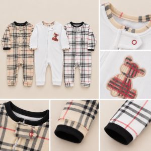 description Lot de 3 Grenouillères Bébé – Motifs Carreaux & Petit Ours 🧸