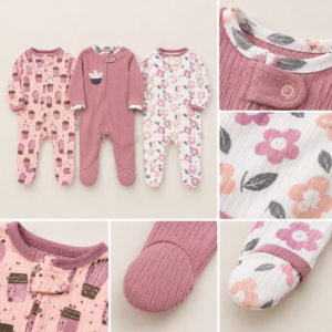 Lot de 3 Grenouillères Bébé Fille – Motifs Fleurs & Fantaisie