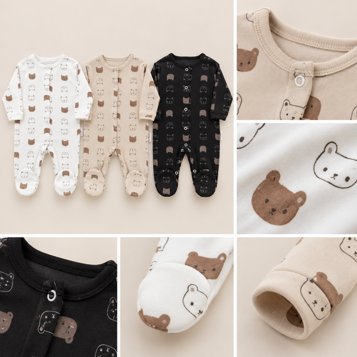 Lot de 3 Grenouillères Bébé – Motifs Petits Ours 🧸